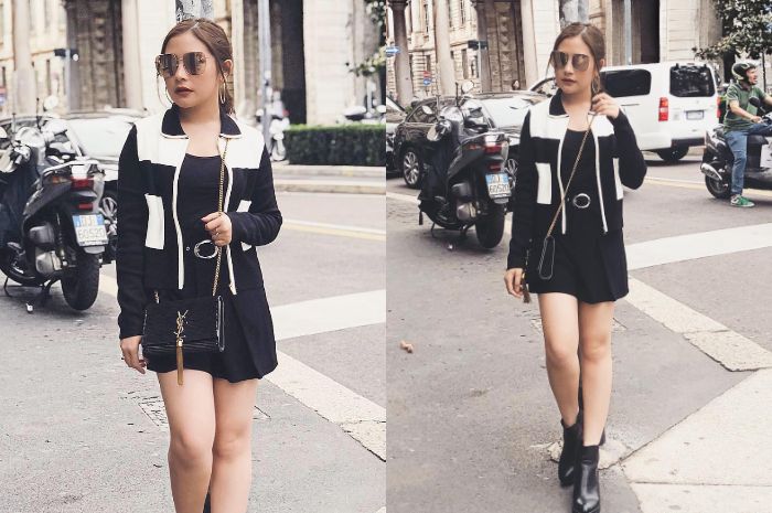 Prilly Latuconsina mengenakan tank top hitam yang dipadukan dengan crop jaket 