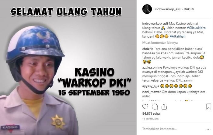 Unggahan Indro Warkop di hari ulang tahun Kasino
