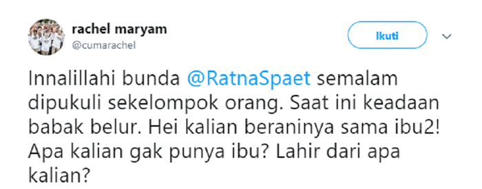 Twitter Rachel Maryam tentang kabar Ratna Sarumpaet