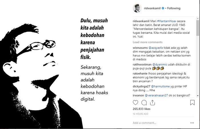 Seruan Ridwan Kamil untuk hentikan berita hoax di akun Instagram