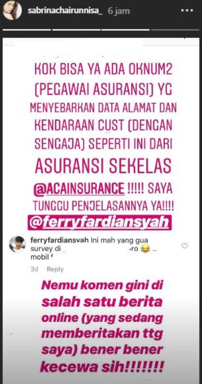 Sabrina Chairunnisa ungkapkan rasa kekecewaannya.