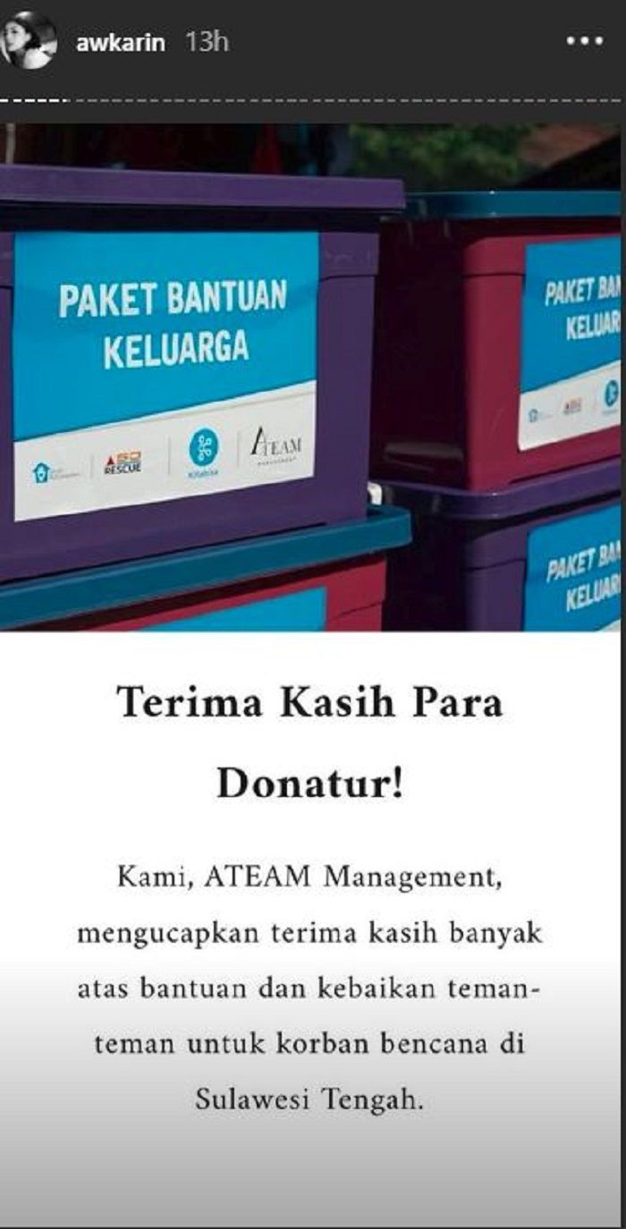 Ucapan terima kasih Awkarin kepada para donatur gempa Palu