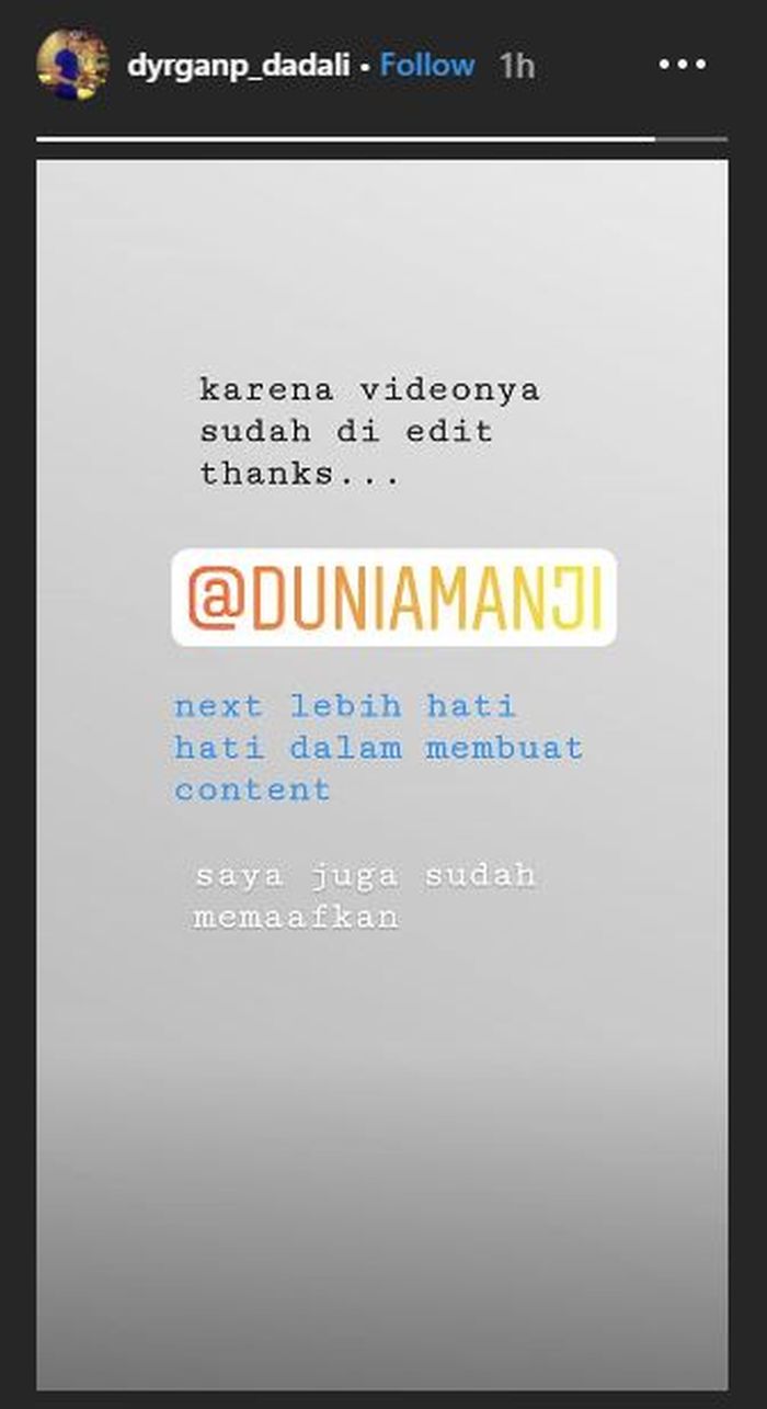 Instastory Dyrga Dadali tentang video Anji Manji yang membahas album.