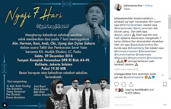 Undangan acara 7 harian pengajian personil dan kru Seventeen serta Dylan Sahara.