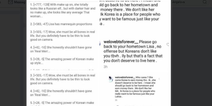 Beberapa netizen menuliskan bully-an untuk Lisa Blackpink yang diunggah pada cuitan Twitter @MeglenaAngelova. 