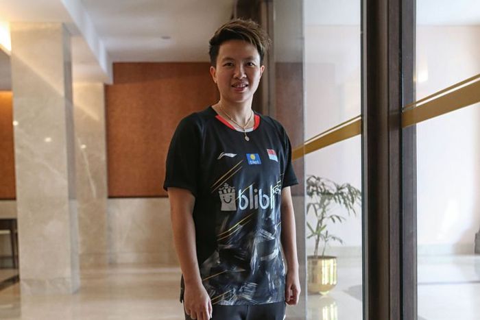 Liliyana Natsir Berpose seusai menjalani konferensi pers Indonesia Masters 2019 di Istora Senayan, J