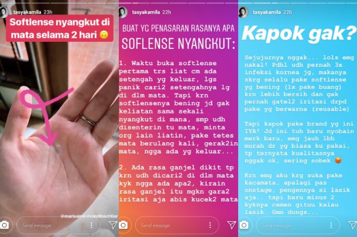 Unggahan Instagram Story Tasya Kamila tentang rasanya softlens nyangkut di mata.