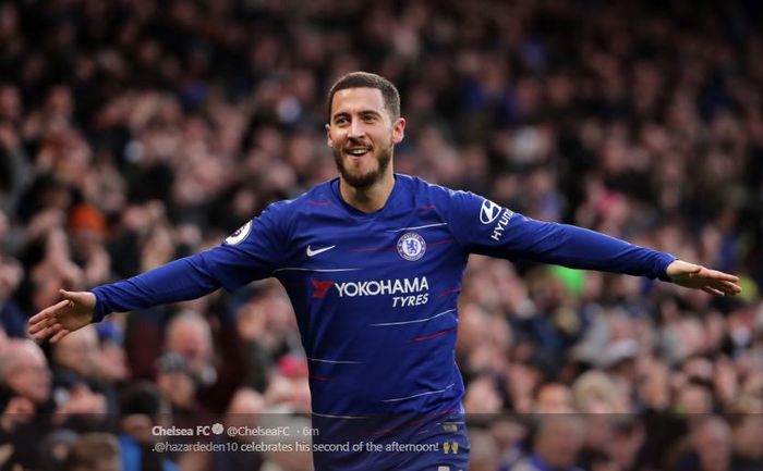 Penyerang sayap Chelsea, Eden Hazard, merayakan gol dalam laga pekan ke-25 Liga Inggris melawan Huddersfield Town FC di Stadion Stamford Bridge, 2 Januari 2019.