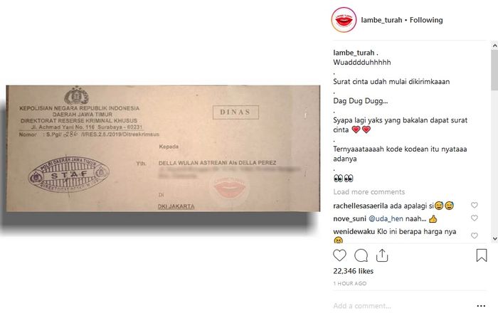 Surat pemanggilan dari Polda Jatim untuk Della Perez.