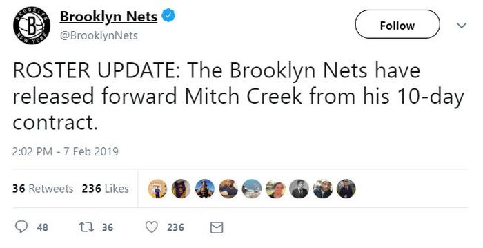 Brooklyn Nets Telah mengonfirmasi lepas Creek pada laman twitter mereka