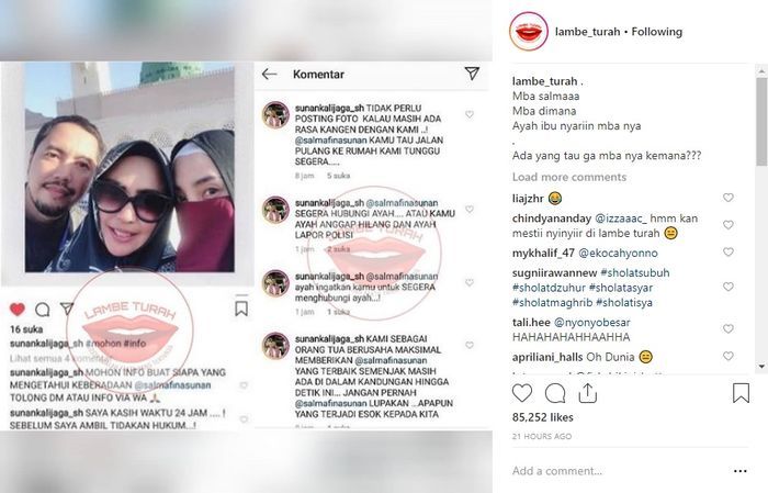 Sunan Kalijaga Meminta Bantuan Followersnya untuk Menemukan Salmafina Sunan.  