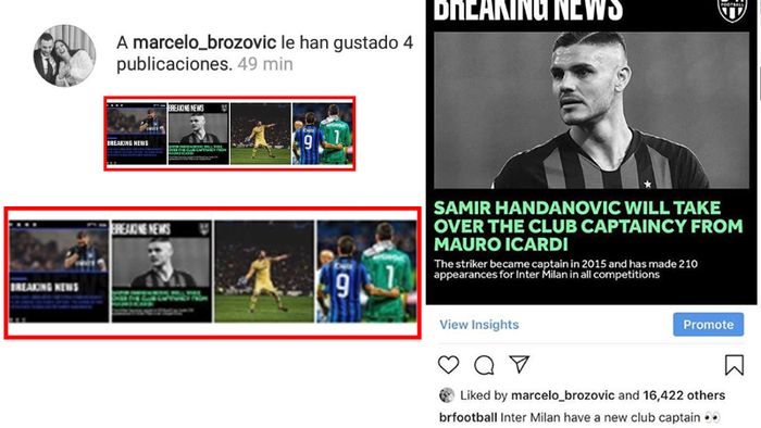 Tangkapan layar akun instagram Marcelo Brozovic memberikan like terhadap empat postingan mengenai berita ditunjuknya Samir Handanovic sebagai kapten baru Inter Milan dan menggantikan Mauro Icardi.