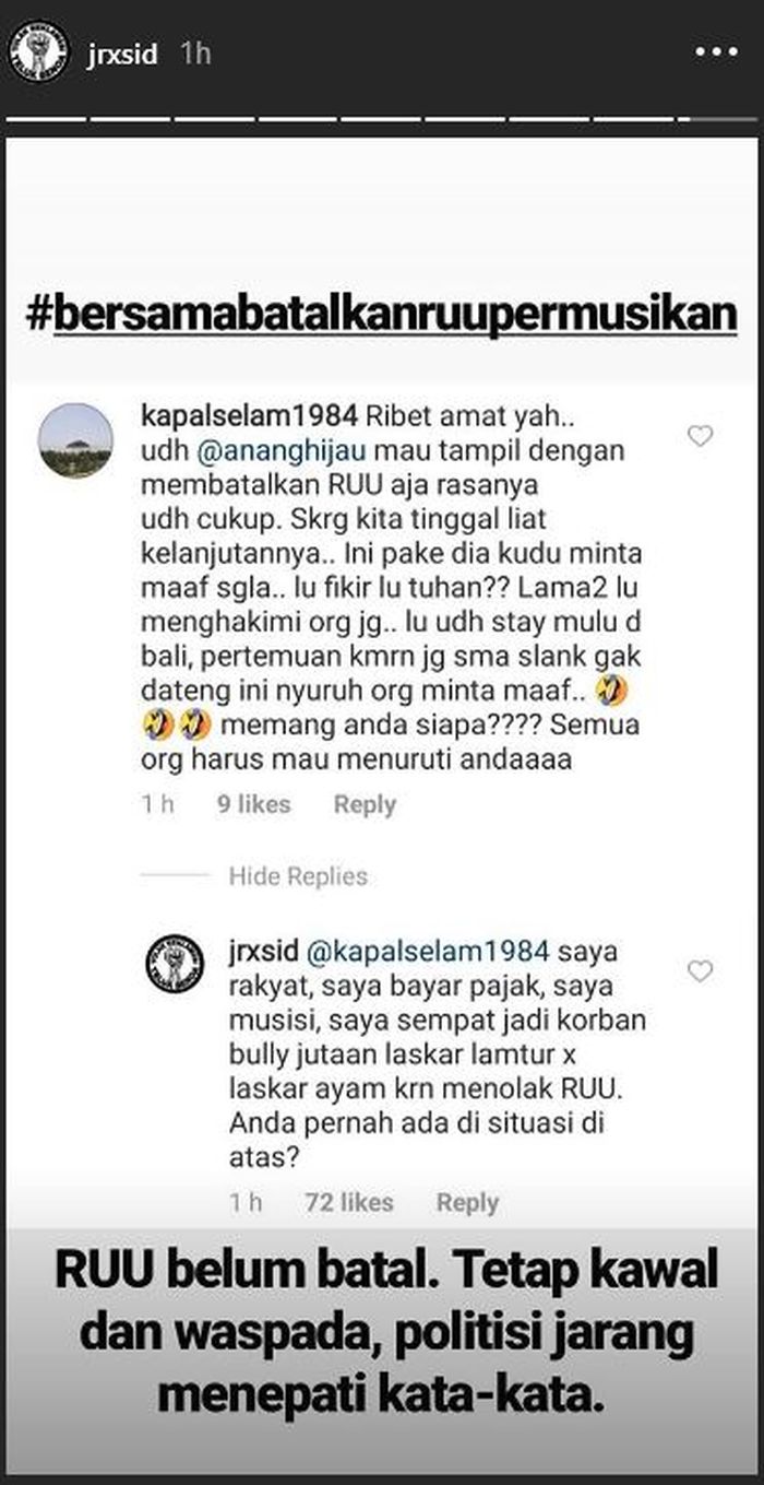 Unggahan instastory Jerinx SID yang menunjukkan komentar netizen terkait permintaan Jerinx agar Anang minta maaf padanya.