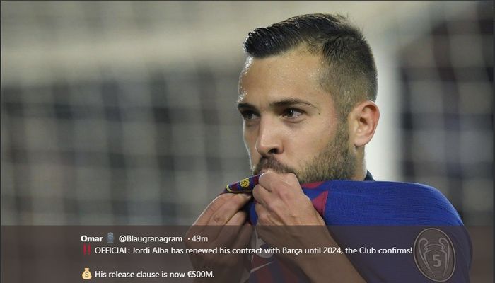 Bek sayap kiri Barcelona, Jordi Alba, resmi perpanjang kontrak bersama Barcelona.