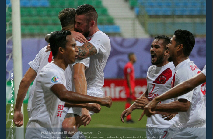 Para pemain PSM Makassar merayakan gol Eero Markkanen ke gawang Home United, 27 Februari 2019.