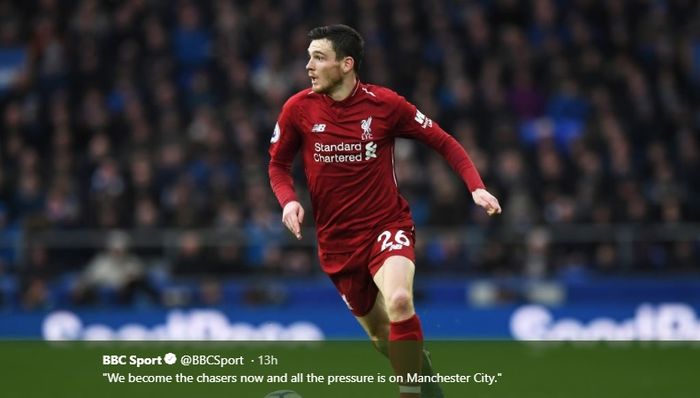 Bek kiri Liverpool, Andy Robertson saat melawan Everton di Goodison Park, Minggu (3/3/2019).