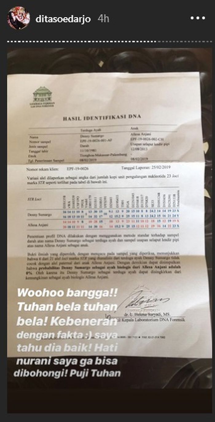 Hasil Tes DNA Denny Sumargo yang diunggah Instagram Dita Soedarjo.