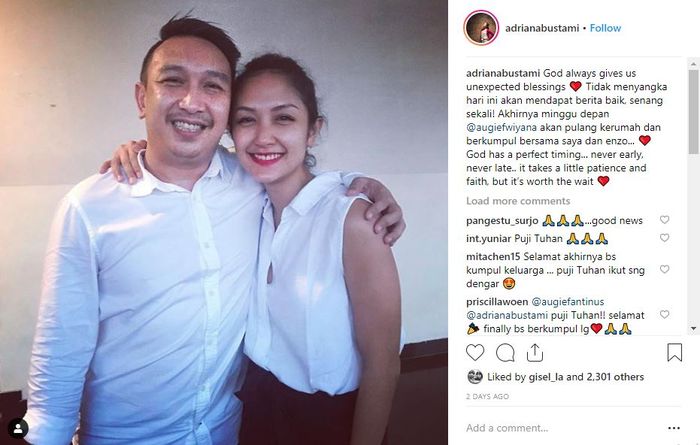 Tangakapan layar unggahan istri Augie Fantinus, Adriana Bustami.