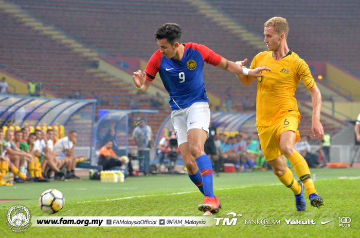 Striker timnas U-23 Malaysia, Hadi Fayyadh, saat melawan Australia di Stadion Shah Alam, Selangor, Minggu (17/3/2019).