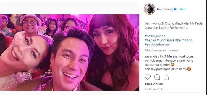 Baim Wong berfoto dengan Lucinta Luna saat menghadiri pagelaran Insert Fashion Awards 2019 pada Rabu (20/3/2019).