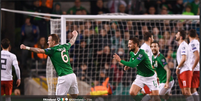 Conor Hourihane mencetak gol kemenangan Irlandia atas Georgia di Kualifikasi Piala Eropa 2020, Selasa (26/3/2019).