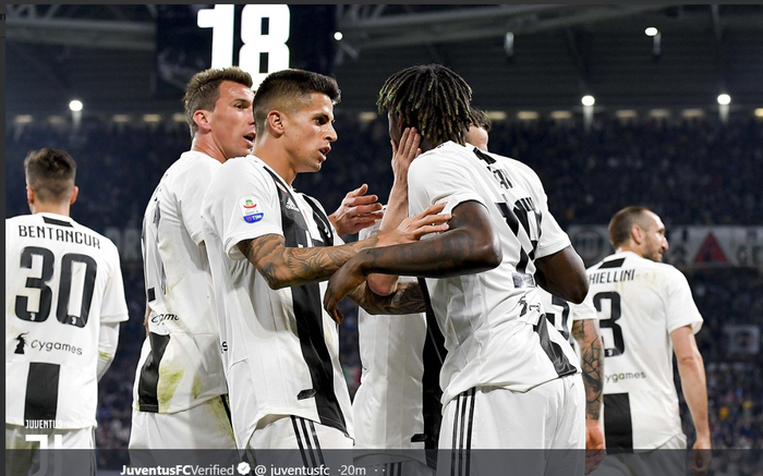 Pemain Juventus merayakan gol Moise Kean yang membawa mereka menang 1-0 atas Empoli di Liga Italia, Sabtu (30/3/2019).