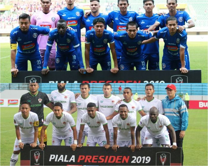 Kolase foto skuat Arema FC dan Kalteng Putra yang saling bertanding pada babak semifinal Piala Presiden 2019