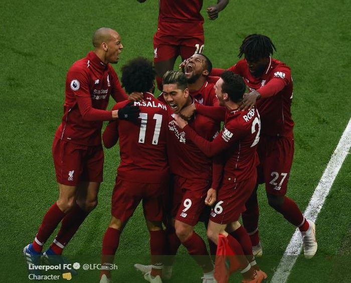 Para pemain Liverpool merayakan gol yang dicetak ke gawang Tottenham Hotspur dalam laga Liga Inggris di Stadion Anfield, Minggu (31/3/2019).