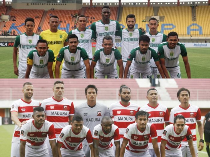 Kolase foto skuat Persebaya Surabaya dan Madura United yang saling berduel di semifinal Piala Presiden 2019.