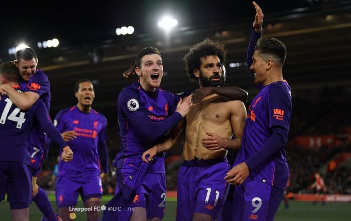 Penyerang Liverpool Mohamed Salah, merayakan gol dalam laga pekan ke-33 Liga Inggris kontra Southampton di St Mary's Stadium, Sabtu (6/4/2019) dini hari WIB.