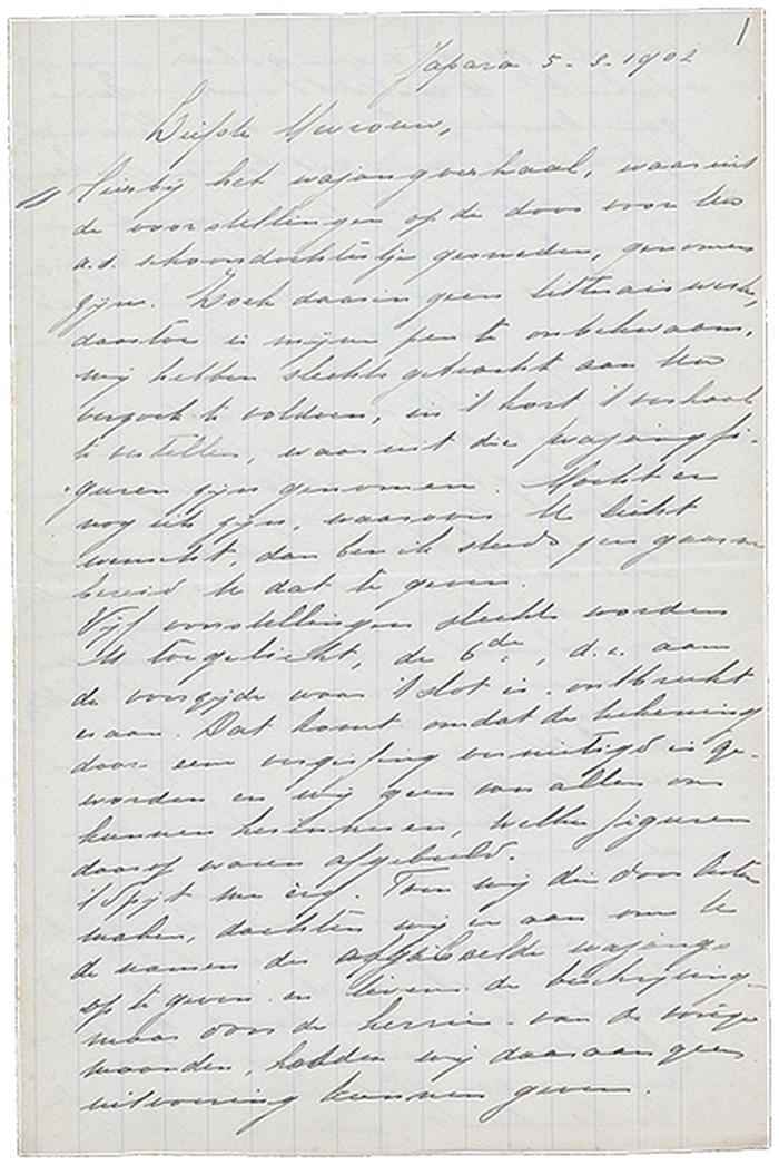 Surat Kartini kepada Nyonya Rosa Manuel Abendanon-Mandri pada 5 Maret 1902. J.H. Abendanon tidak memasukkan paragraf pertama ini dalam Door Duisternis tot Licht.