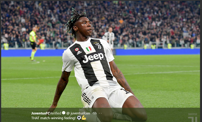 Penyerang muda Juventus, Moise Kean, merayakan gol ke gawang AC Milan pada laga pekan ke-31 Liga Italia, Sabtu (6/4/2019) di Allianz Stadium Turin.