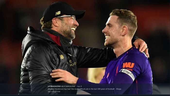 Pelatih Liverpool, Juergen Klopp, dan kapten Jordan Henderson.