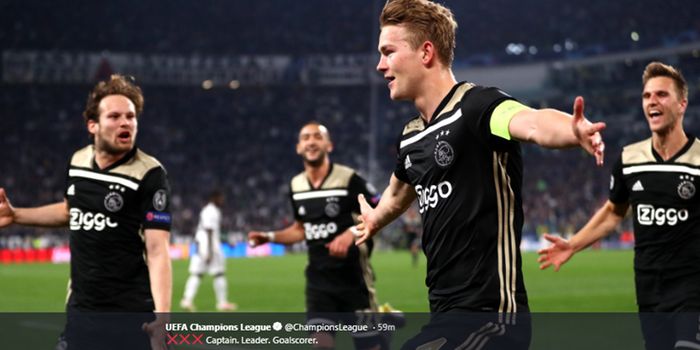 Selebrasi kapten Ajax Amsterdam, Matthijs De Ligt, saat mencetak gol kemenangan timnya ke gawang Juventus pada pertandingan leg kedua babak perempat final Liga Champions di Stadion Allianz Turin, 16 April 2019.