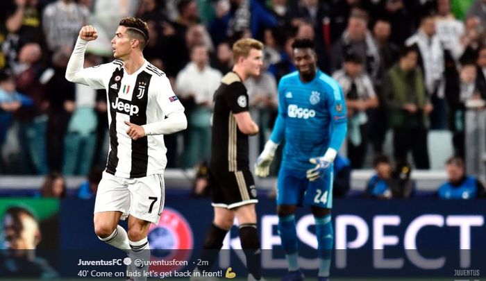 Megabintang Juventus, Cristiano Ronaldo, merayakan gol yang dicetak ke gawang Ajax Amsterdam dalam laga leg kedua perempat final Liga Champions di Stadion Allianz, Turin, Selasa (16/4/2019).