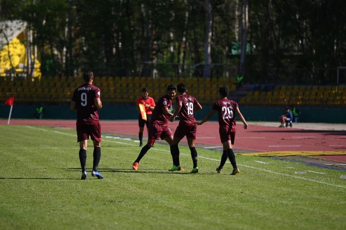 Selebrasi pemain PSM Makassar seusai mencetak gol ke gawang Kaya FC pada laga lanjutan Piala AFC 2018, 17 April 2019. 