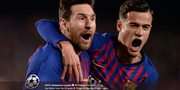 Selebrasi Lionel Messi dan Philippe Coutinho saat pertandingan Barcelona vs Manchester United pada leg kedua babak perempat final Liga Champions, 16 April 2019.