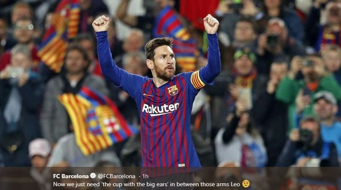 Megabintang Barcelona, Lionel Messi, merayakan gol yang dicetak ke gawang Manchester United dalam laga leg kedua perempat final Liga Champions di Stadion Camp Nou, Selasa (16/4/2019).