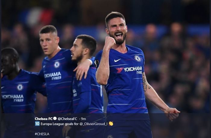 Bomber Chelsea, Olivier Giroud, mencetak gol ke gawang Slavia Prague dalam partai Liga Europa, 18 April 2019.