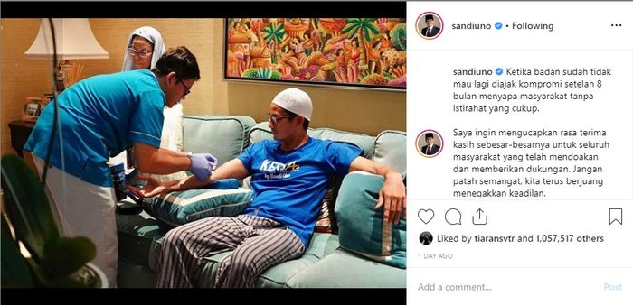 Sandiaga Uno lesu lantaran sakit.