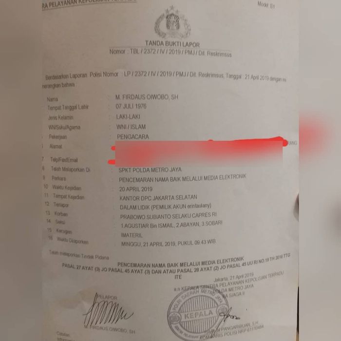 Surat laporan atas akun @erintaulany yang diduga telah hina Prabowo.