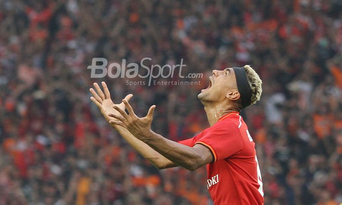 Pemain Persija Jakarta, Bruno Matos merayakan gol kegawang Ceres Negros FC pada laga penyisihan Grup G AFC CUP di Stadion Utama Gelora Bung Karno, Senayan, Jakarta,  Selasa (23/4/2019) dalam laga tersebut persija harus mengakui kekalahannya melawan Ceres dengan skor 2-3. 