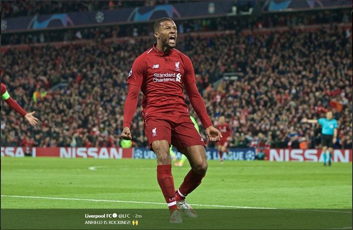 Pemain Liverpool, Georginio Wijnaldum, berselebrasi seusai menjebol gawnag Barcelona dalam leg kedua semifinal Liga Champions, Selasa (7/5/2019)