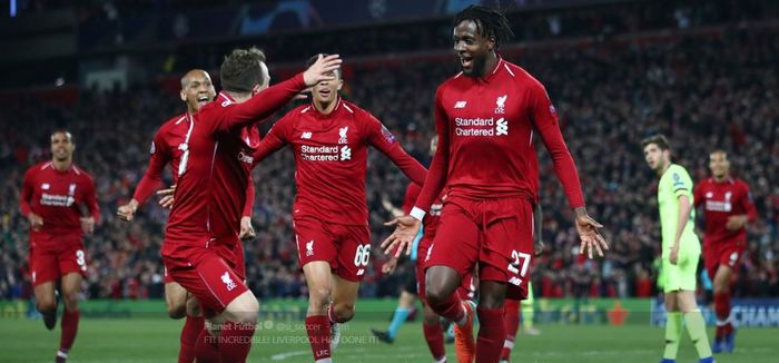 Para pemain Liverpool merayakan gol Divock Origi dalam leg kedua semifinal Liga Champions kontra Barcelona di Stadion Anfield, 7 Mei 2019.