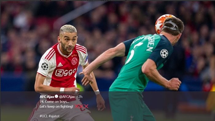 Bintang Ajax, Hakim Ziyech, dalam laga melawan Tottenham Hotspur pada leg kedua semifinal Liga Champions, Rabu (8/5/2019)