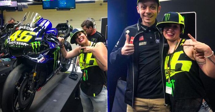 Valentino rossi dan Patricia sedang berada di garasi Yamaha.