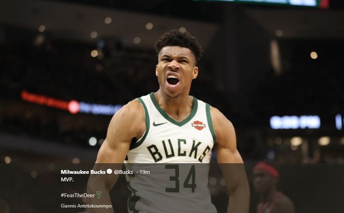 Ekspresi Giannis Antetokounmpo saat memperkuat Milwaukee Bucks pada partai kedua final wilayah timur NBA 2019,Sabtu (18/5/2019) pagi WIB