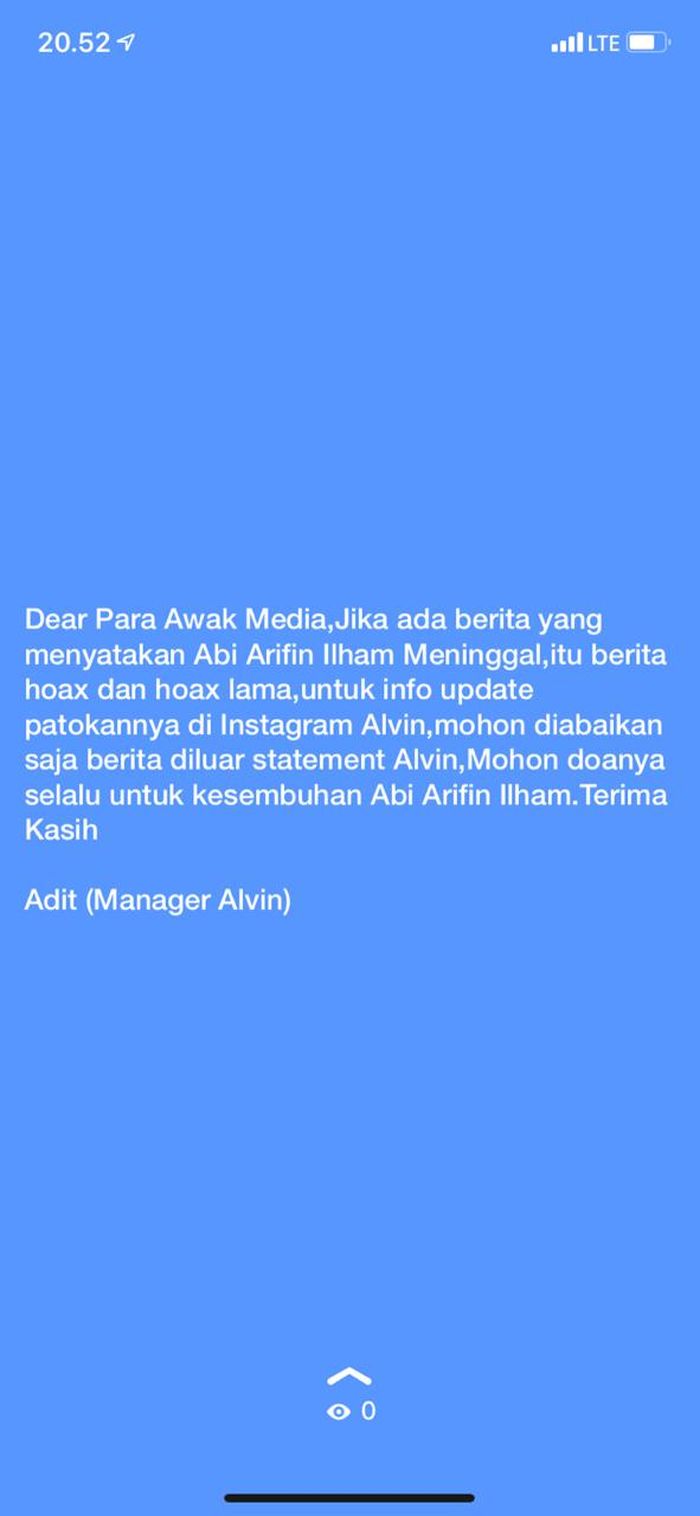 Status whatsapp Adit, manager dari anak ustaz Arifin Ilham, Alvin Faiz.