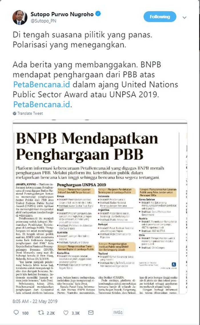 Cuitan Sutopo Purwo Nugroho, pada Selasa (21/05/2019).