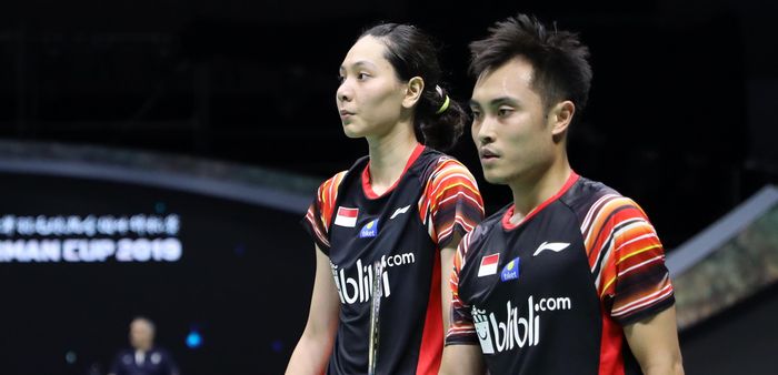 Hafiz Faizal/Gloria Emanuelle Widjaja saat bertanding di laga pamungkas penyisihan Grup B Piala Sudirman (Sudirman Cup) 2019, di Guangxi Sports Center Gymnasium, Nanning, China, Rabu (22/5/2019).